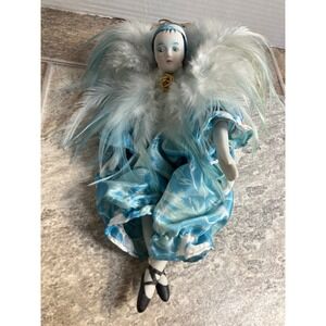 Vintage Porcelain Doll Blue Feathered Costume Ballerina